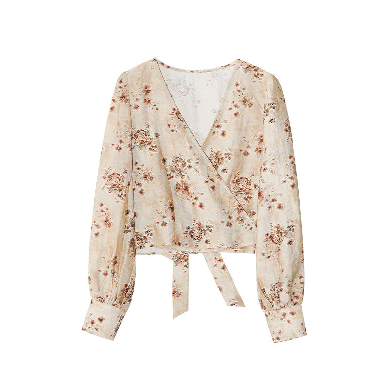 Temperament Tencel v-neck strap long-sleeved shirt