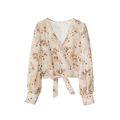 Temperament Tencel v-neck strap long-sleeved shirt
