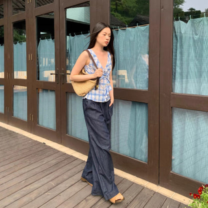 Dark blue thin and versatile loose cotton jeans and trousers