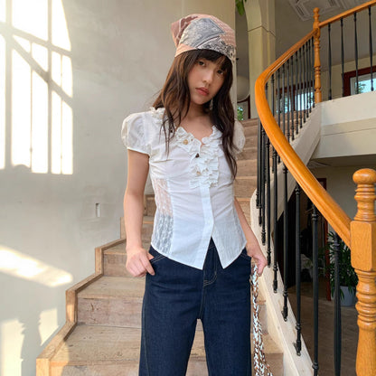 Sweet age-reducing fungus edge design slim-fitting short-sleeved shirt