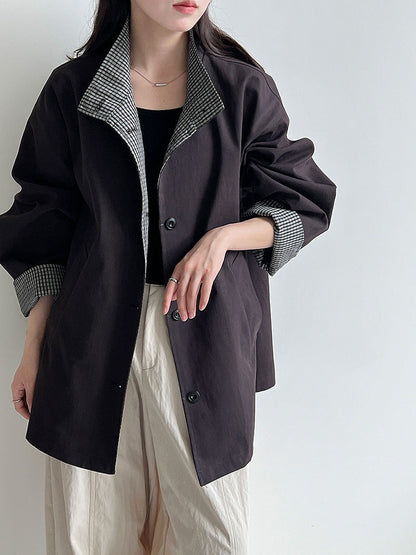 Plaid splicing stand-up collar British style medium and long trench coat women's autumn new silhouette loose coat