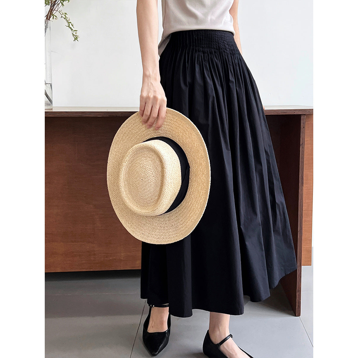 Pink high waist temperament design sense pleated big pendulum A-shaped skirt medium and long sweet umbrella skirt women