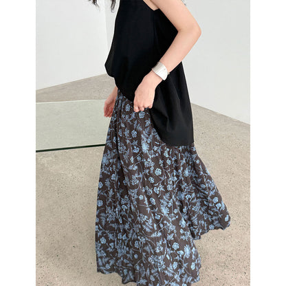 Retro floral skirt women's summer new loose pleated drape high waist a-shaped skirt umbrella skirt