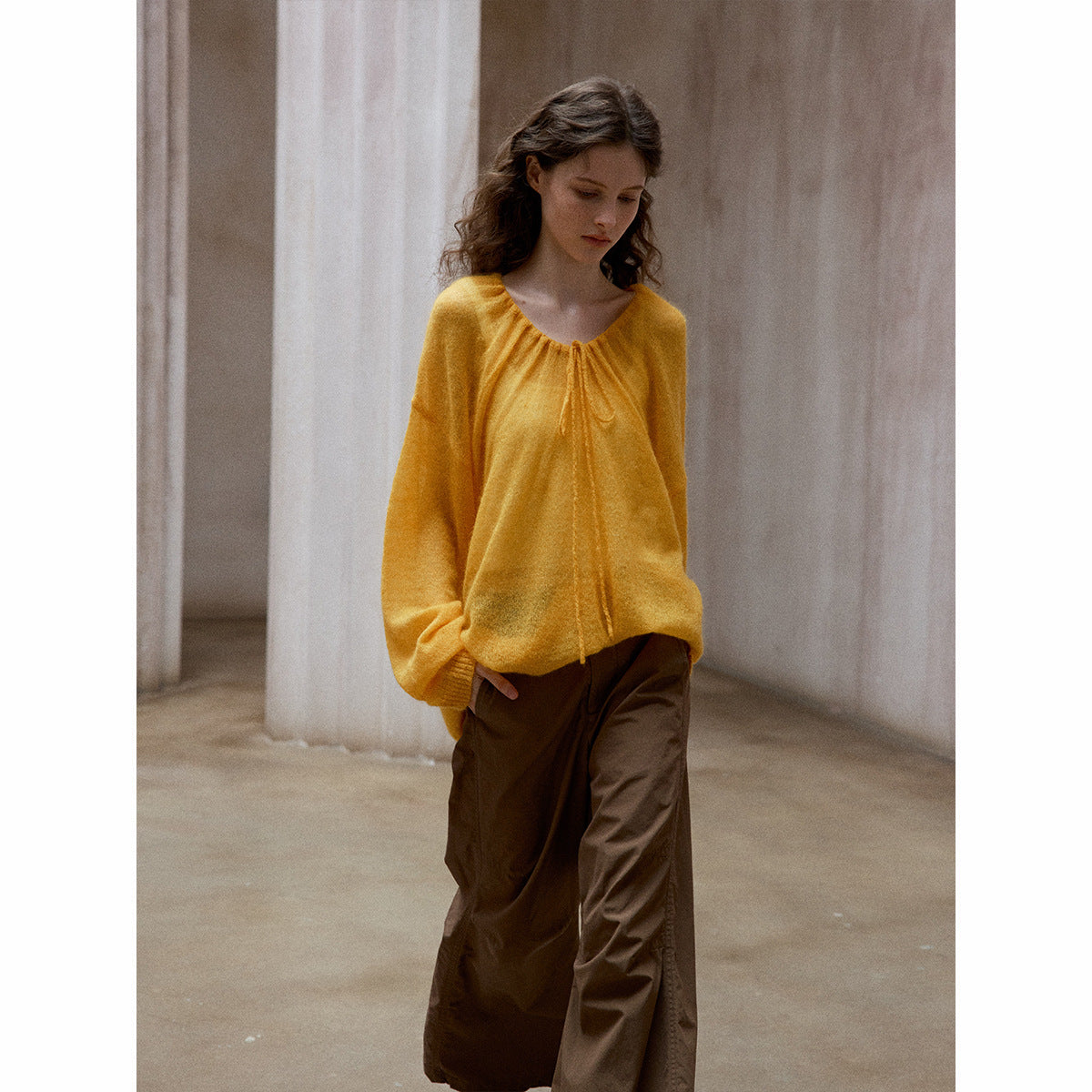 Natural yarn Mohai wool neckline drawstring long sleeve simple loose knitted jumper