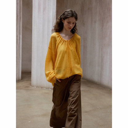 Natural yarn Mohai wool neckline drawstring long sleeve simple loose knitted jumper