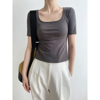 New solid color short square neck short-sleeved T-shirt women's high waist slim-fitting clavicle top