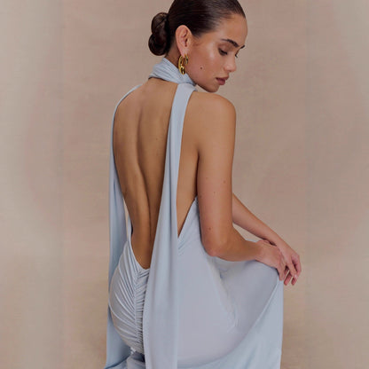 Fashion deep V streamer neck hip skirt waist pleated backless sexy dress