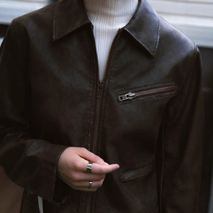 Spice girl American retro style slim leather jacket temperament niche lapel jacket