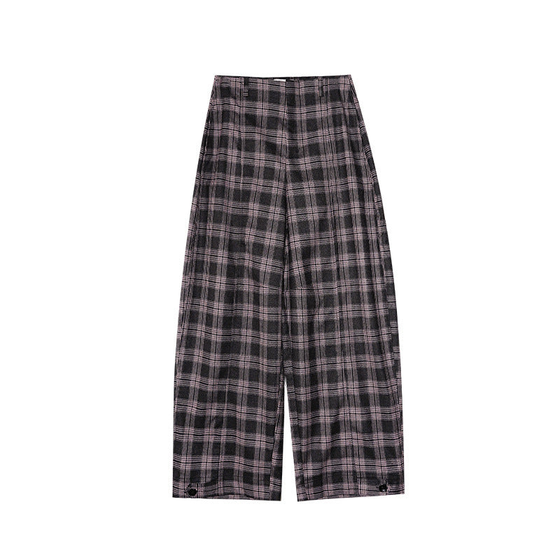 Vintage contrasting plaid leggings loose wide-leg pants