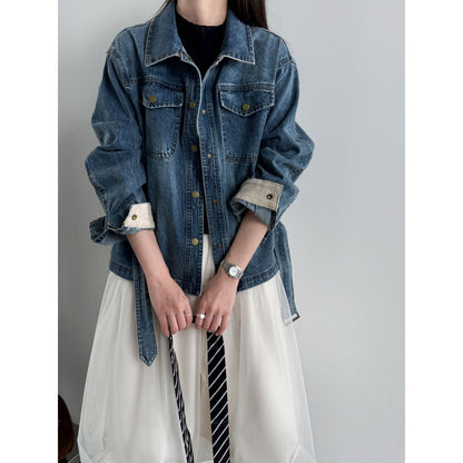 Vintage washed denim jacket women's spring new lapel lace-up waist jacket top