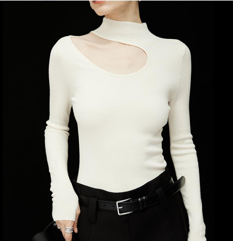 Semi-Turtleneck Long Sleeve Sweater Women Off-Shoulder Hollow Knit Top