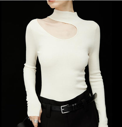 Semi-Turtleneck Long Sleeve Sweater Women Off-Shoulder Hollow Knit Top