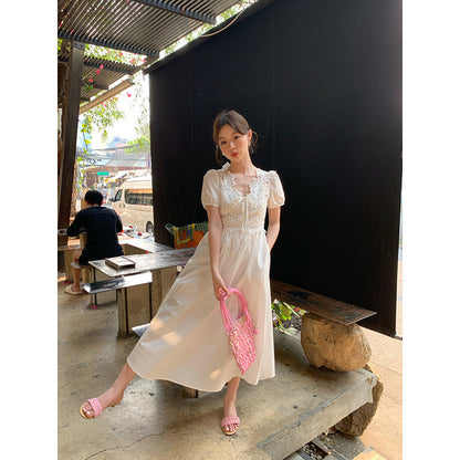 French beautiful waist lace heavy industry short-sleeved dress
