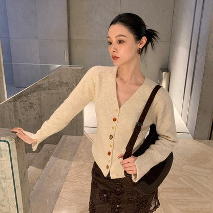 Gentle color button knitted sweater slim V-neck cardigan sweater
