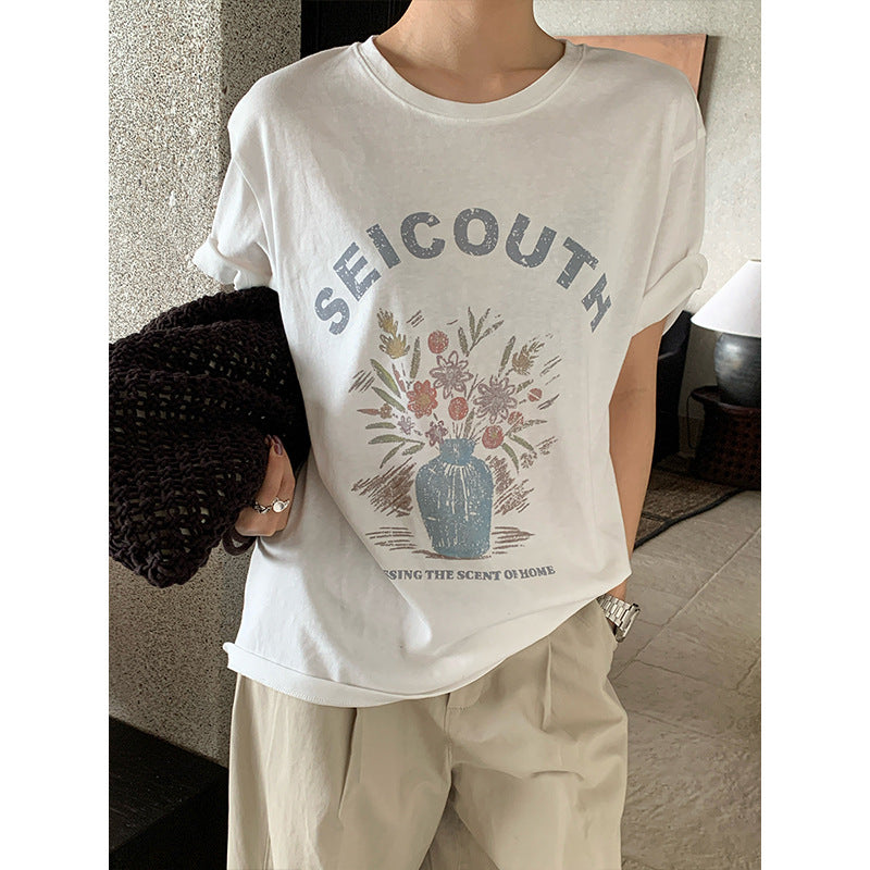 Vintage alphabet hand-painted print T-shirt