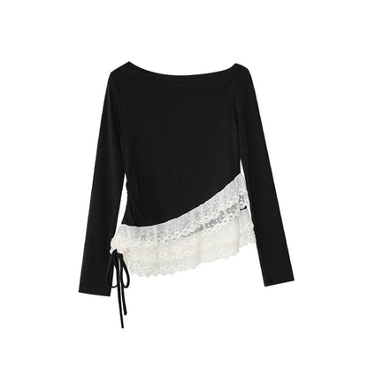 Lace Splicing Long Sleeve Slash Shoulder T-Shirt Top