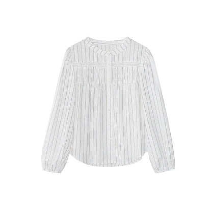 Fashion foreign style age-reducing round neck vertical striped shirt