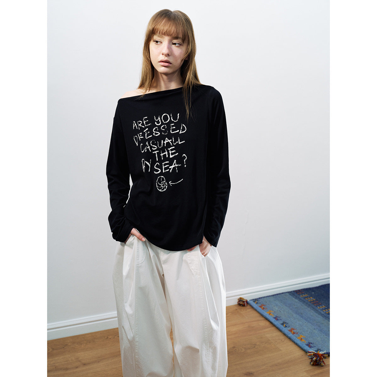 Spring new casual simple and easy solid color letter printing one word shoulder versatile T-shirt