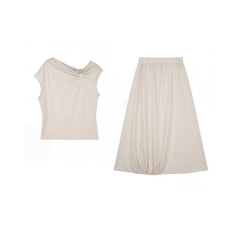diagonal shoulder kinked top + skirt two-piece set