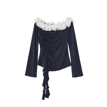 French pure lace one-word collar sexy backless bottoming shirt for women
