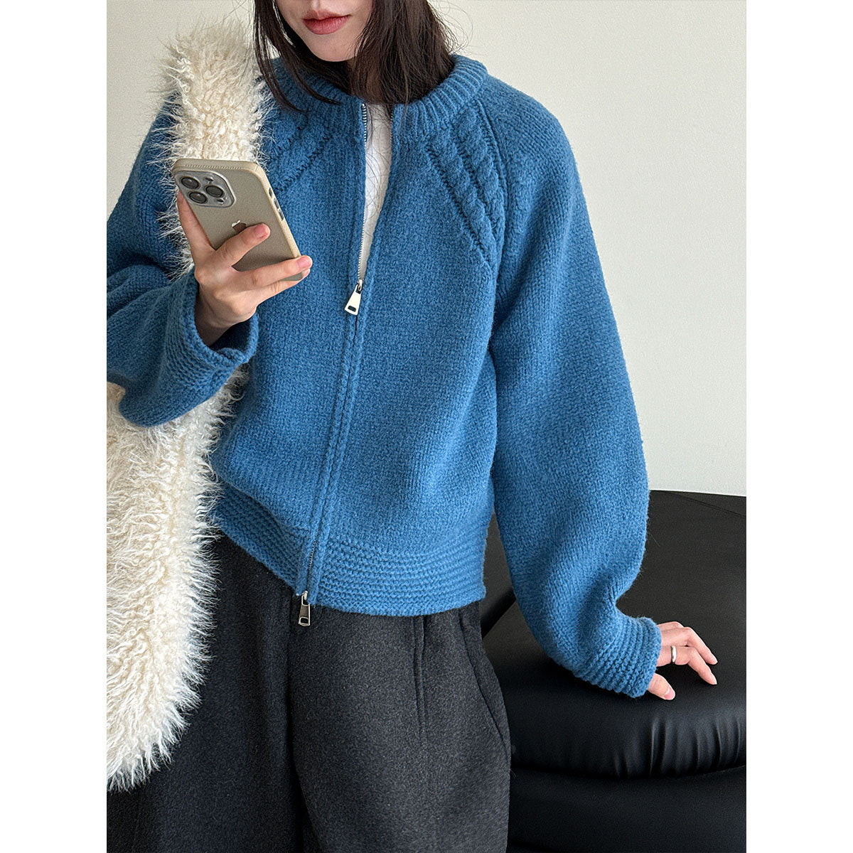 Korean double-ended zipper crew neck knitted jacket women's autumn and winter twisted flower high-end thick sweater cardigan