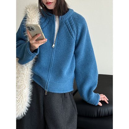 Korean double-ended zipper crew neck knitted jacket women's autumn and winter twisted flower high-end thick sweater cardigan