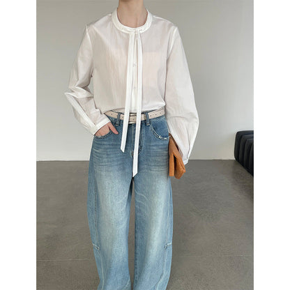 Crew Neck Ribbon Lace-Up Bow Long Sleeve Shirt