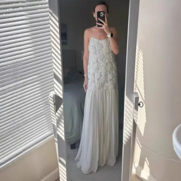 Women's new fashion celebrity chiffon long dress three-dimensional flower splicing suspender dress