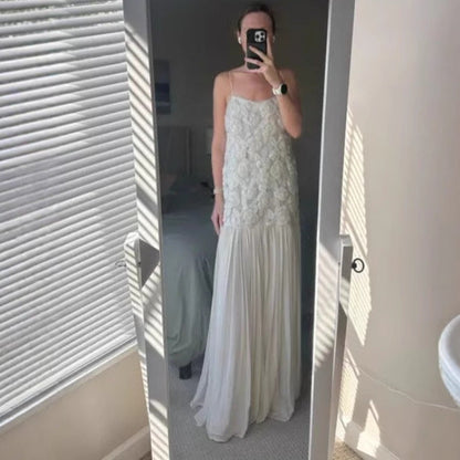 Women's new fashion celebrity chiffon long dress three-dimensional flower splicing suspender dress