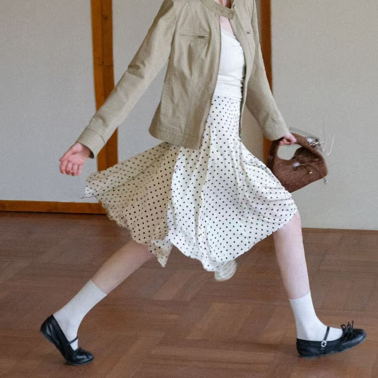 Summer retro fashion irregular a word polka dot skirt
