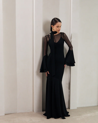 Perspective dress high waist hollow round  sexy horn sleeve hip dress