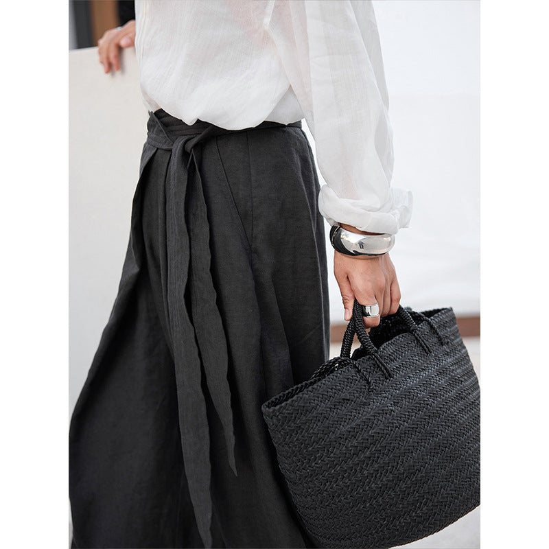 Slant placket strap lazy loose wide-leg tencel linen slacks