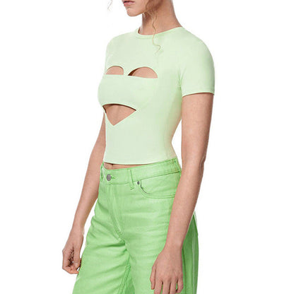 T-shirt short sleeve ripped sexy crew neck slim top bottoming shirt slim fit
