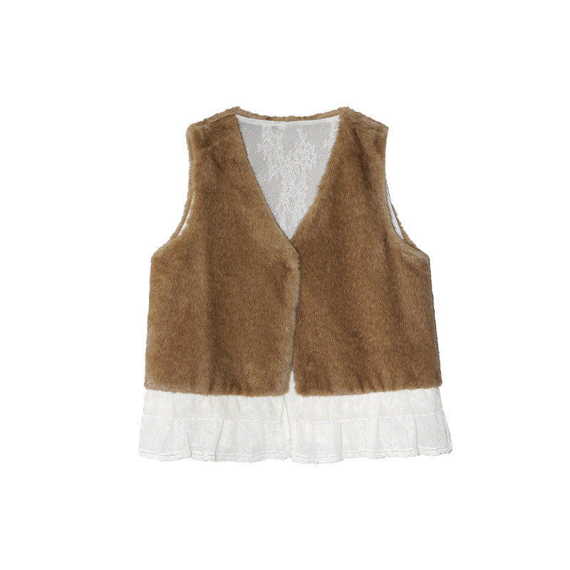 Women's V-Neck Lace Spliced Sleeveless Plush Vest