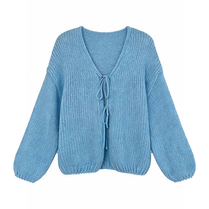 Retro wool lazy soft waxy knitted lace-up cardigan women's early spring new gentle and light sweater