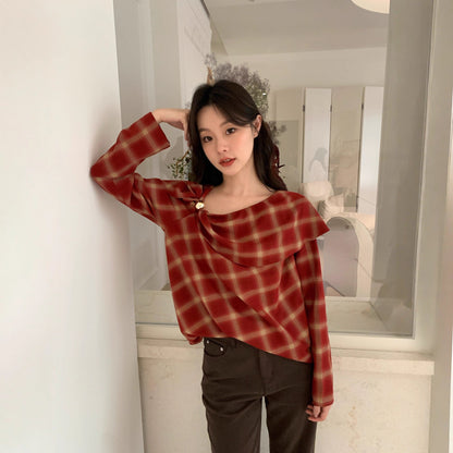 Plaid niche long-sleeved ruffle edge pullover collar shirt women