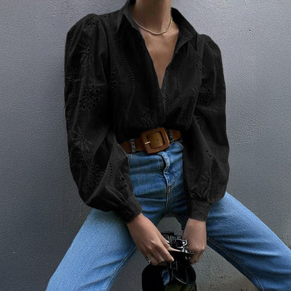 Lapel Long Sleeve Cardigan Women Regular Fit Puff Sleeve Hollow Blouse