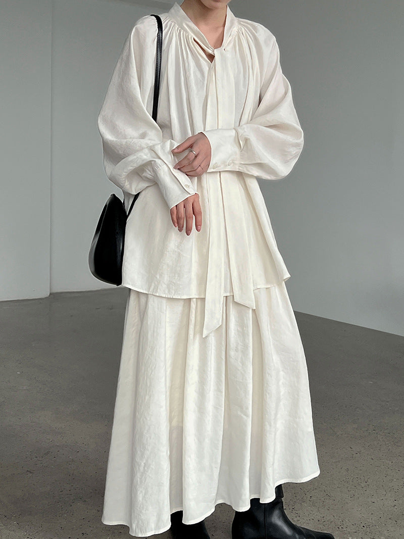 Korean temperament design sense streamer long-sleeved shirt + skirt women's autumn new lazy sense suit