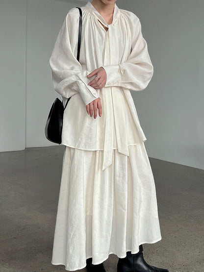 Korean temperament design sense streamer long-sleeved shirt + skirt women's autumn new lazy sense suit