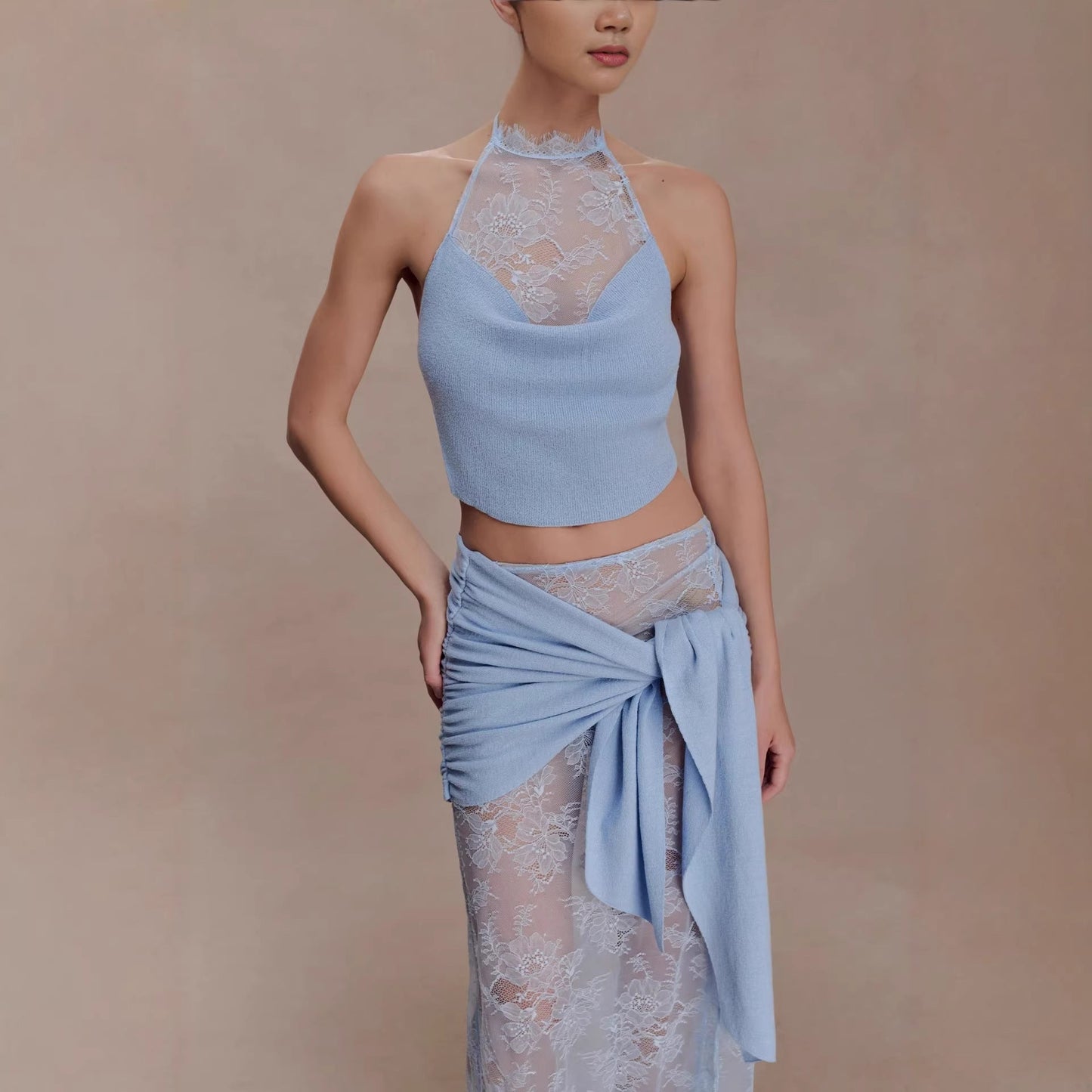Beach vacation style sexy hollow lace skirt set swing collar top skirt two-piece set