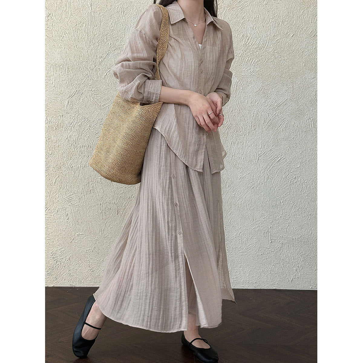 Lazy pleated shirt jacket + skirt women's spring new casual two-piece set