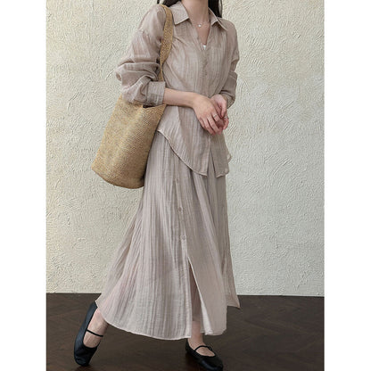 Lazy pleated shirt jacket + skirt women's spring new casual two-piece set
