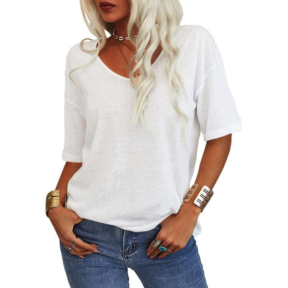 V-Neck Short Sleeve T-Shirt Women Loose Fit Casual Cotton Top