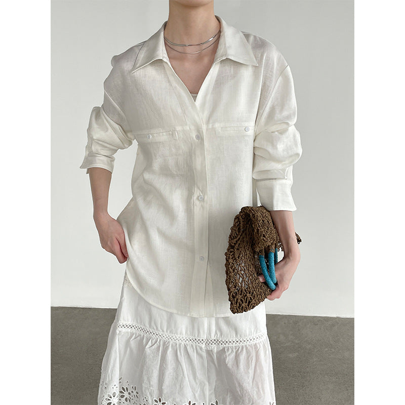 V-Neck Cotton Linen Long Sleeve Cardigan Shirt