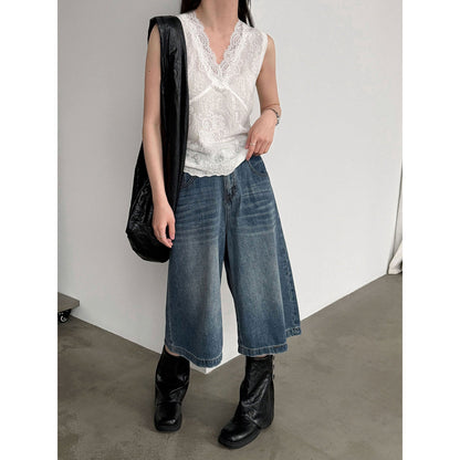 Tencel V-Neck Sleeveless Lace Bottom Vest