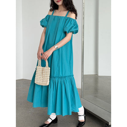Korean version of the sweet dress summer new bubble sleeve suspender skirt one-word shoulder holiday style dress