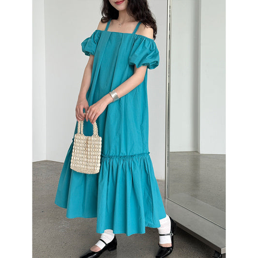 Korean version of the sweet dress summer new bubble sleeve suspender skirt one-word shoulder holiday style dress