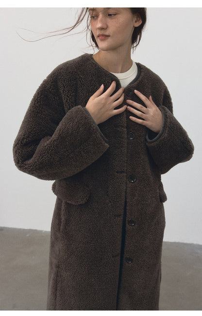 Winter new casual round neck single-breasted teddy fur integrated long plush jacket