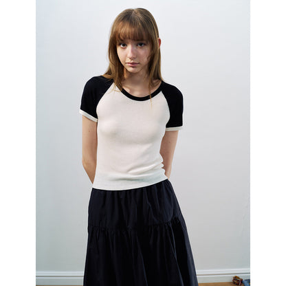 Spring Casual Tencel Hemp Crew Neck Versatile Contrast Color Short Knitted Pullover