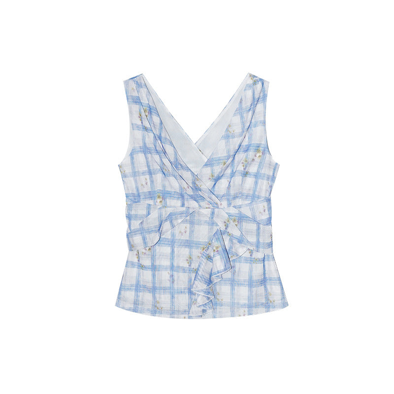 Plaid V-Neck Lace-Up Sleeveless Camisole Top